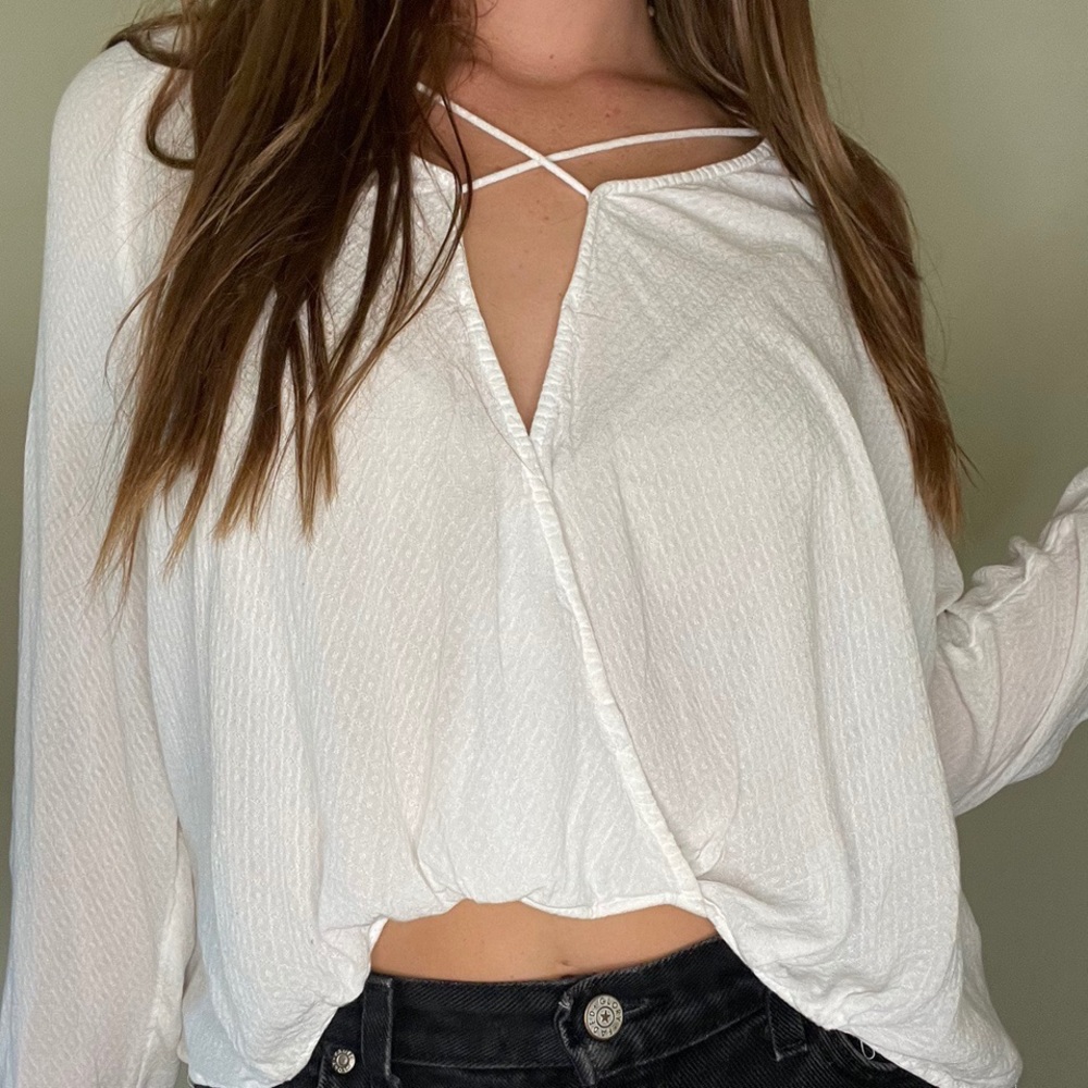 White Surplice Long-sleeve Blouse